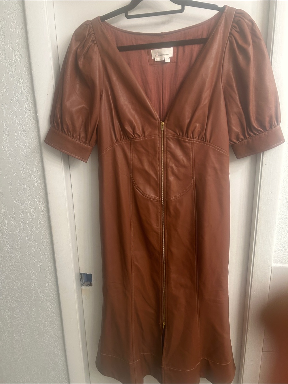 Anthropologie Rust Brown Faux Leather Zip-Front Midi Dress